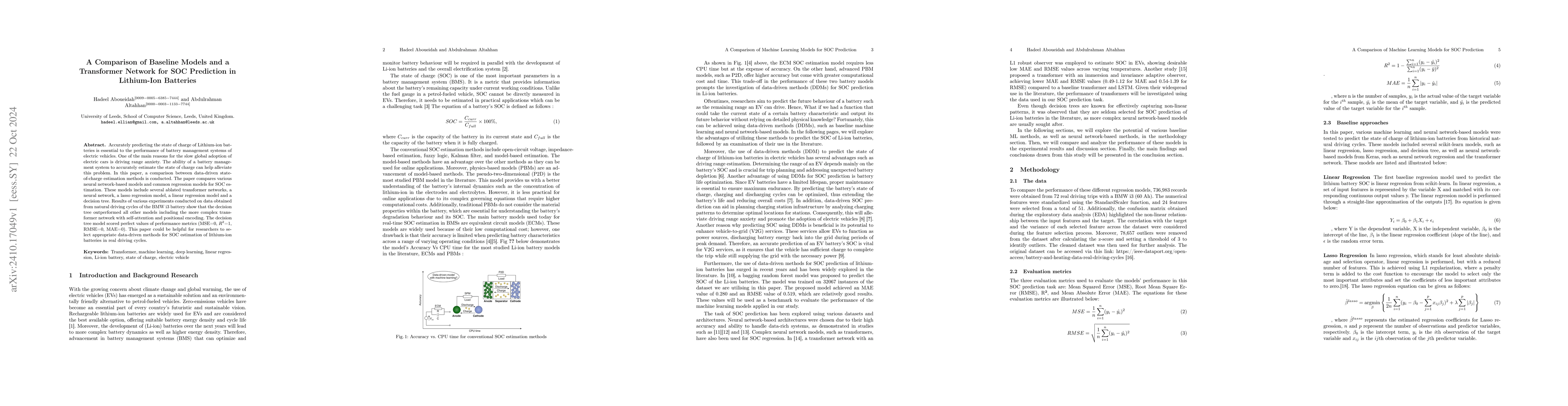 Thumbnail for A Comparison of Baseline Models and a Transformer Network for SOC
  Prediction in Lithium-Ion Batteries