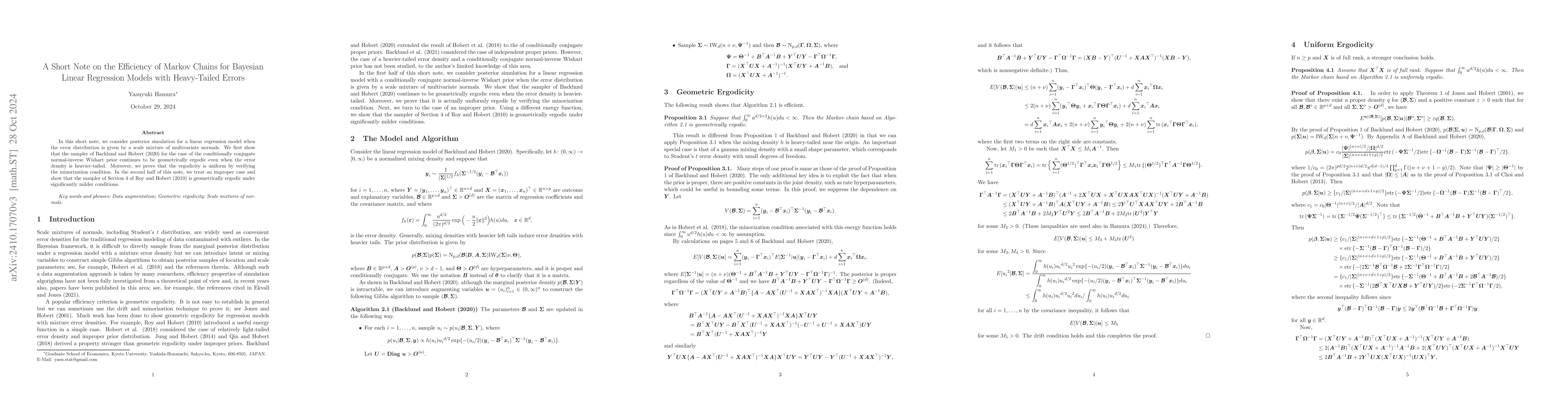 Thumbnail for A Short Note on the Efficiency of Markov Chains for Bayesian Linear
  Regression Models with Heavy-Tailed Errors