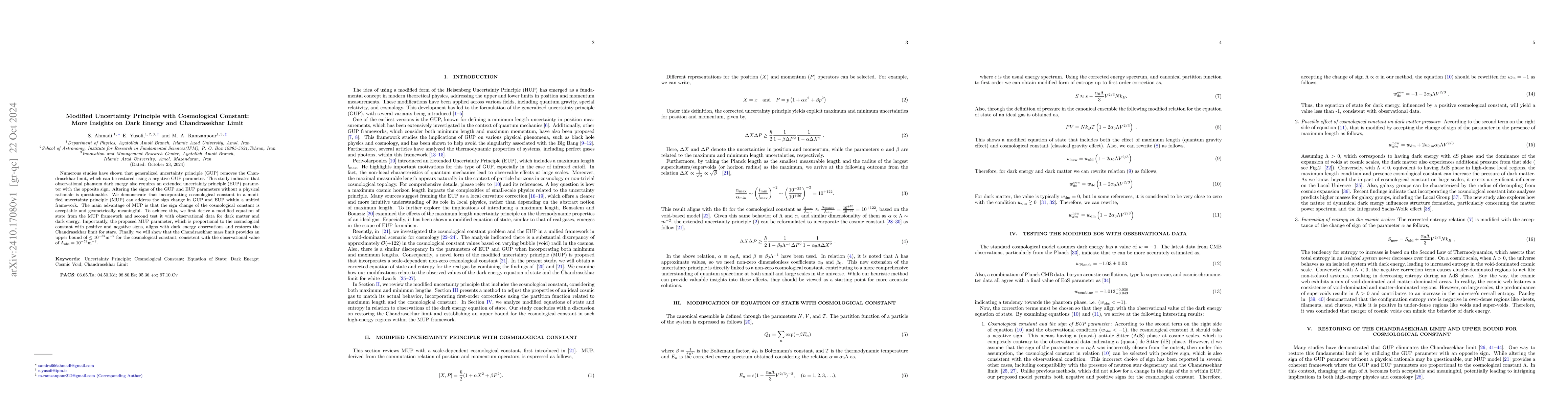 Thumbnail for Modified Uncertainty Principle with Cosmological Constant: More Insights
  on Dark Energy and Chandrasekhar Limit