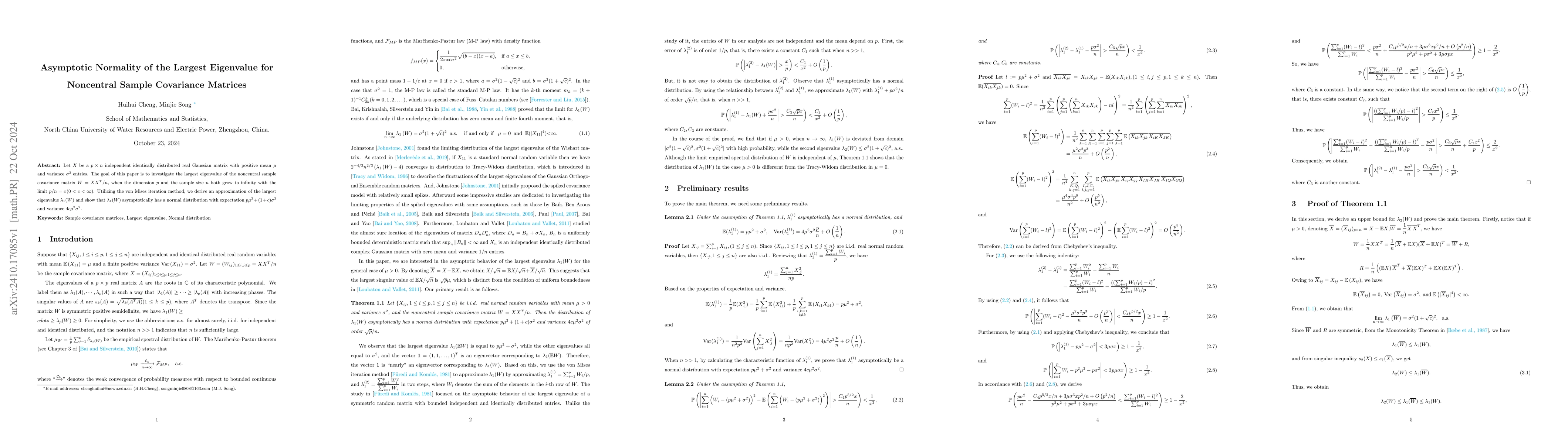 Thumbnail for Asymptotic Normality of the Largest Eigenvalue for Noncentral Sample
  Covariance Matrices