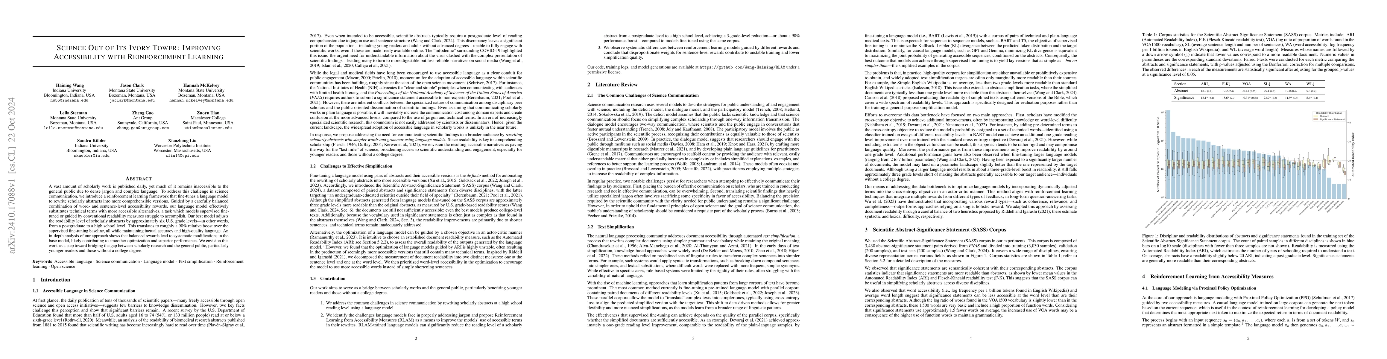 Thumbnail for Science Out of Its Ivory Tower: Improving Accessibility with
  Reinforcement Learning