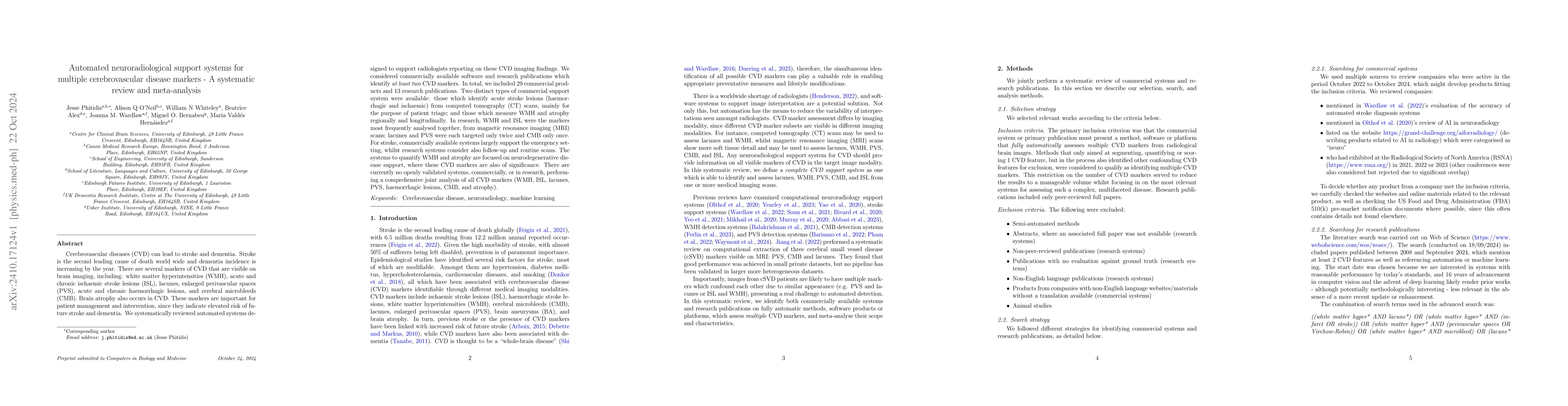 Thumbnail for Automated neuroradiological support systems for multiple cerebrovascular
  disease markers -- A systematic review and meta-analysis