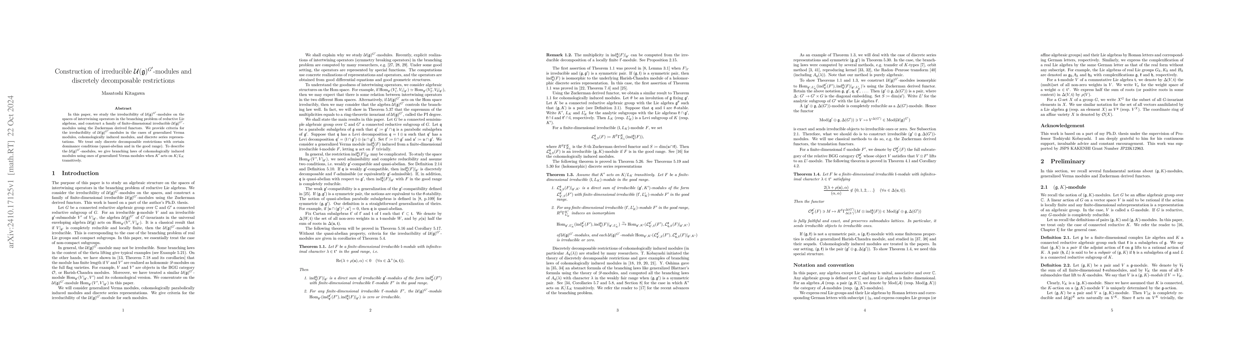 Thumbnail for Construction of irreducible $\mathcal{U}(\mathfrak{g})^{G'}$-modules and
  discretely decomposable restrictions