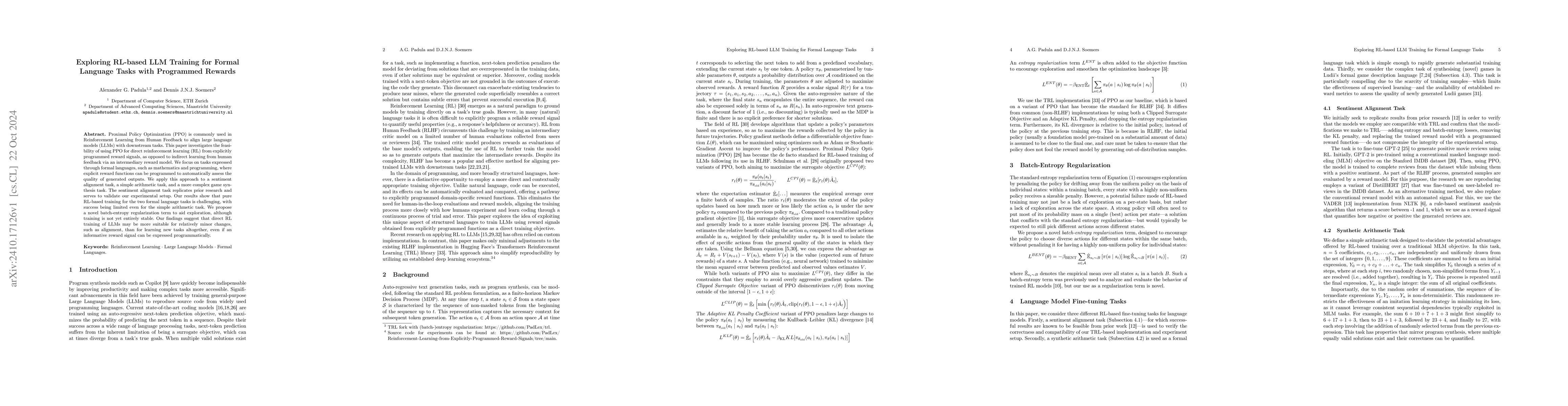 Thumbnail for Exploring RL-based LLM Training for Formal Language Tasks with
  Programmed Rewards