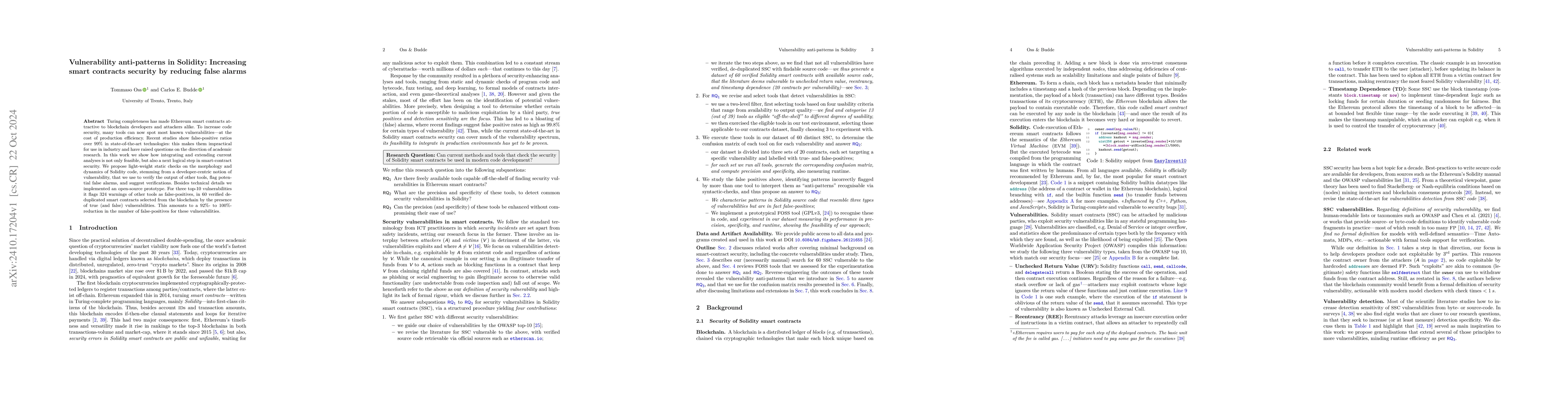 Thumbnail for Vulnerability anti-patterns in Solidity: Increasing smart contracts
  security by reducing false alarms