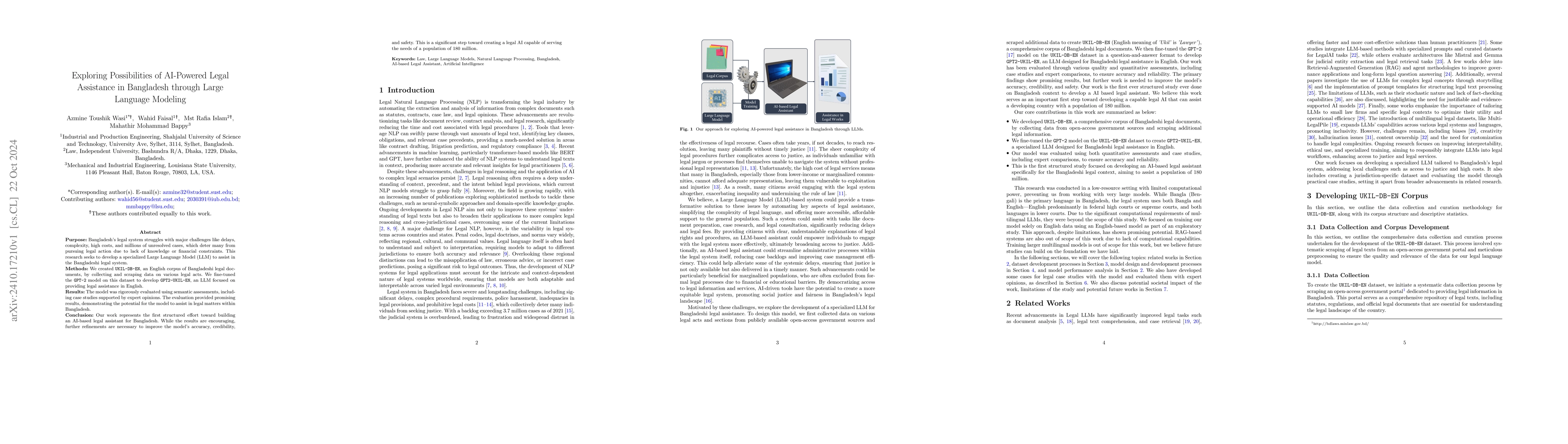 Thumbnail for Exploring Possibilities of AI-Powered Legal Assistance in Bangladesh
  through Large Language Modeling