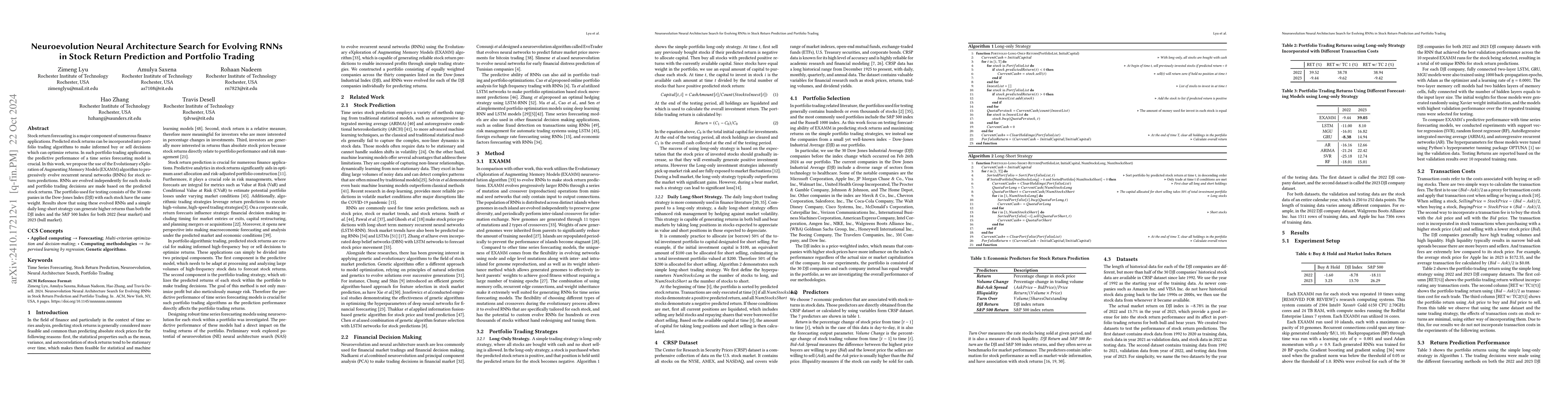 Thumbnail for Neuroevolution Neural Architecture Search for Evolving RNNs in Stock
  Return Prediction and Portfolio Trading