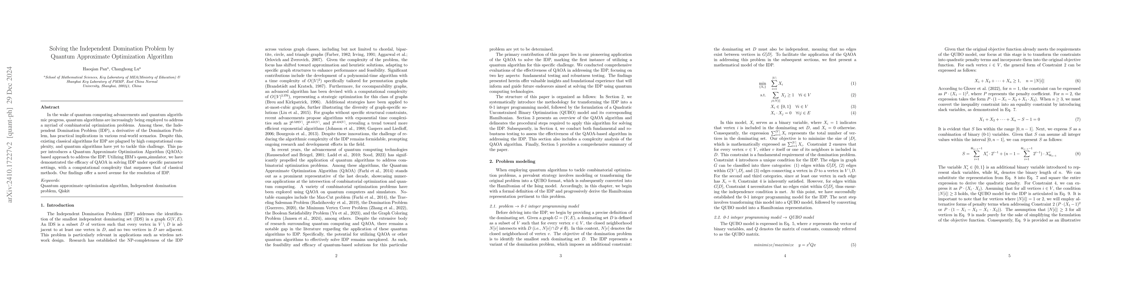 Thumbnail for Solving the Independent Domination Problem by Quantum Approximate
  Optimization Algorithm
