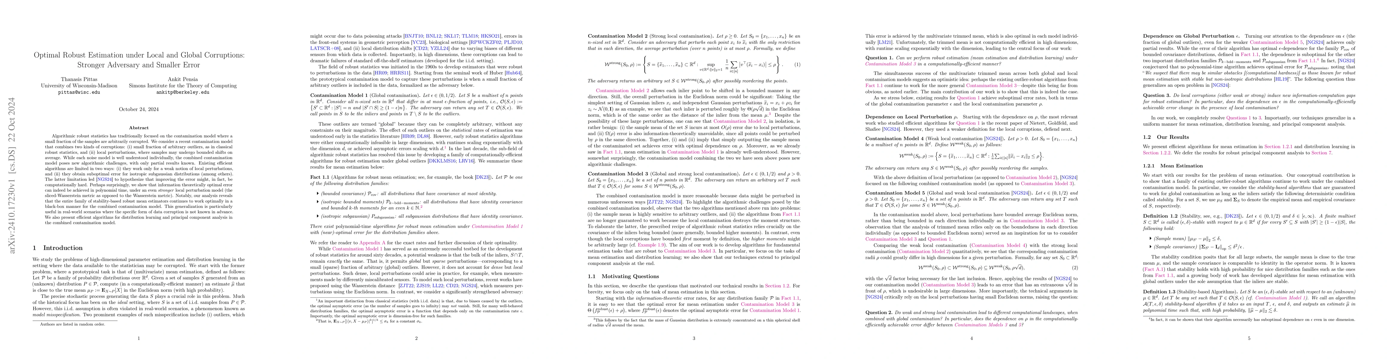 Thumbnail for Optimal Robust Estimation under Local and Global Corruptions: Stronger
  Adversary and Smaller Error