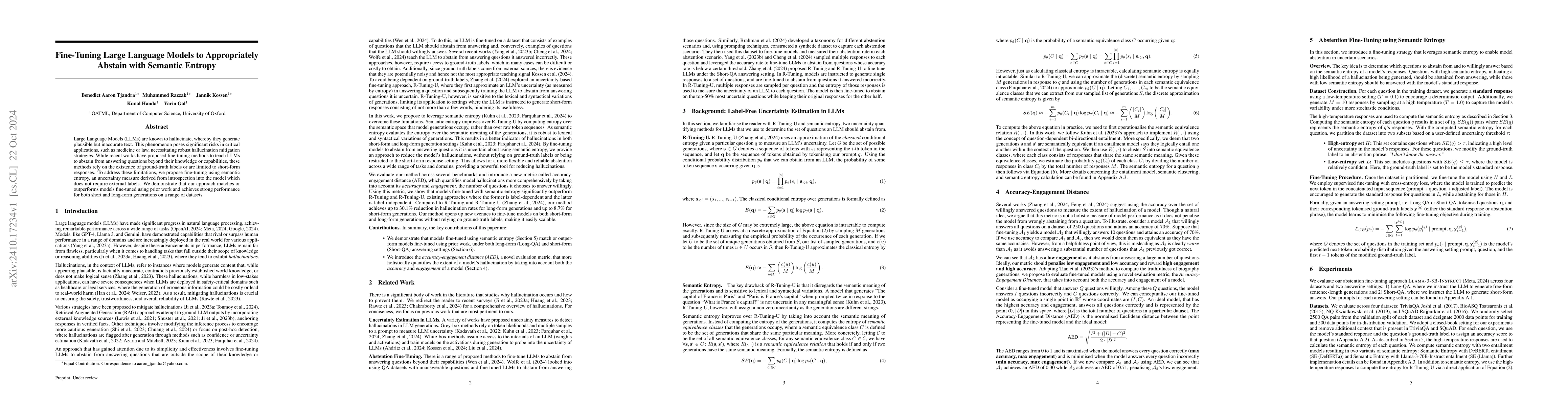 Thumbnail for Fine-Tuning Large Language Models to Appropriately Abstain with Semantic
  Entropy