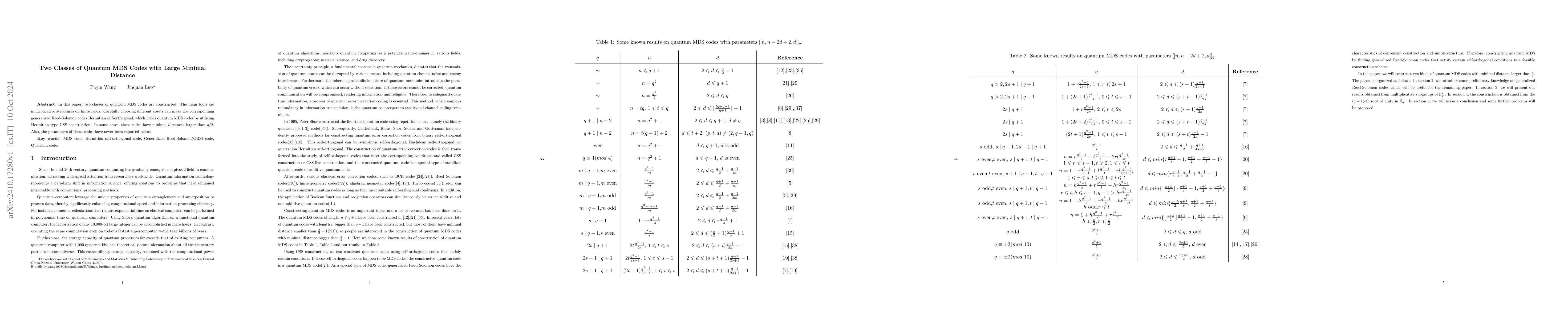 Thumbnail for Two Classes of Quantum MDS Codes with Large Minimal Distance