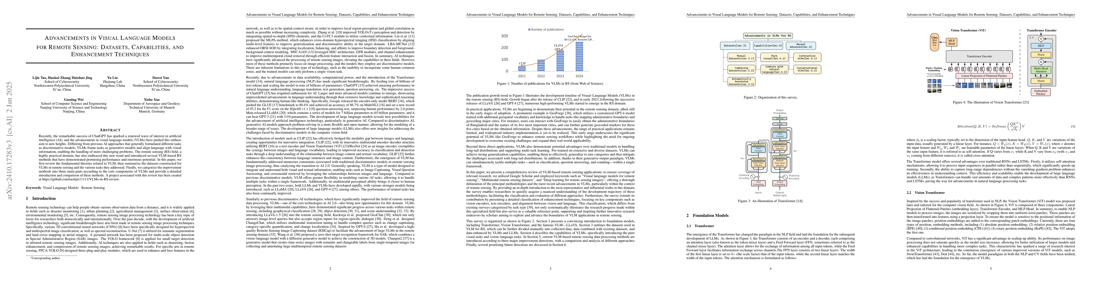 Thumbnail for Advancements in Visual Language Models for Remote Sensing: Datasets,
  Capabilities, and Enhancement Techniques