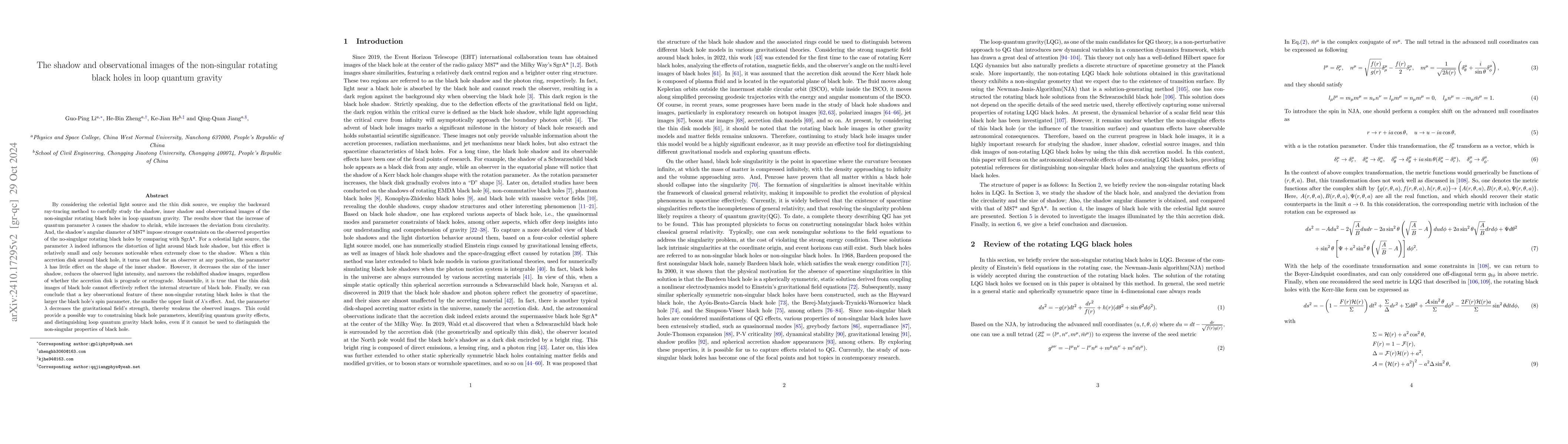 Thumbnail for The shadow and observational images of the non-singular rotating black
  holes in loop quantum gravity