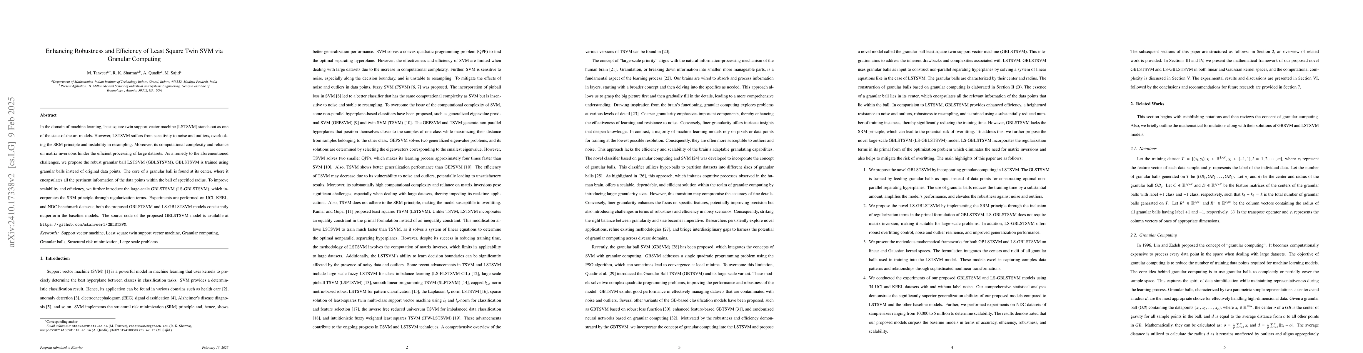 Thumbnail for Enhancing Robustness and Efficiency of Least Square Twin SVM via
  Granular Computing