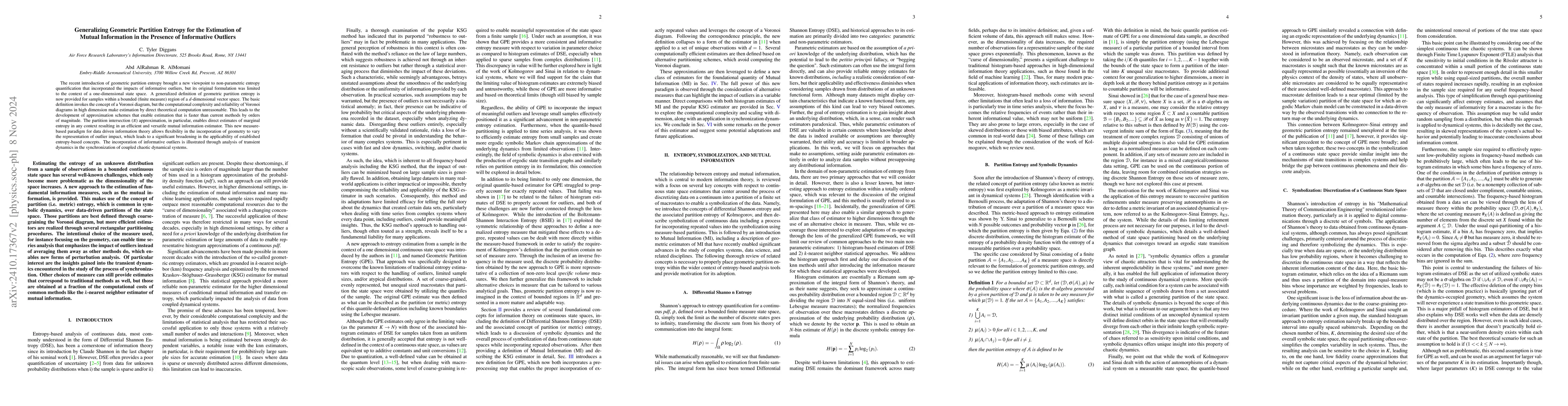 Thumbnail for Generalizing Geometric Partition Entropy for the Estimation of Mutual
  Information in the Presence of Informative Outliers