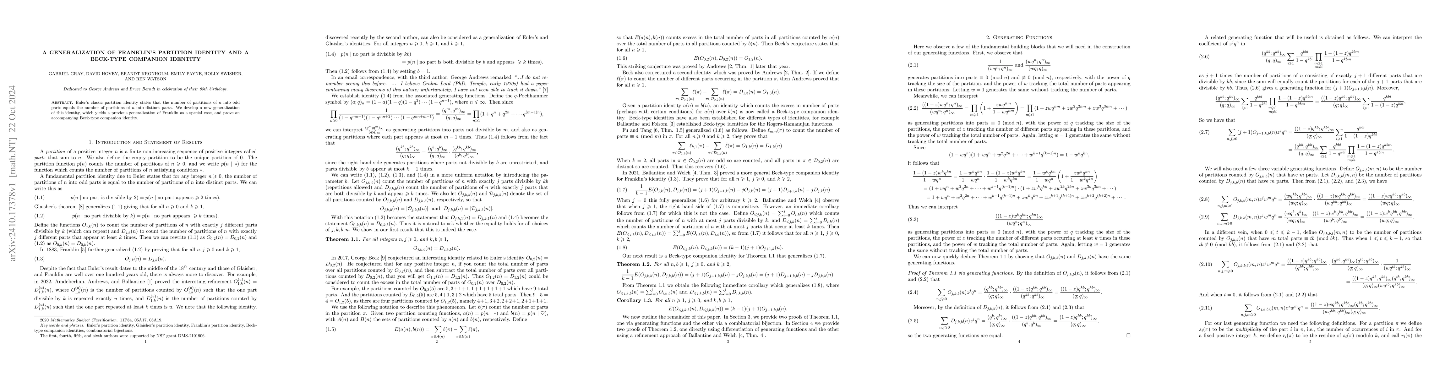 Thumbnail for A generalization of Franklin's partition identity and a Beck-type
  companion identity