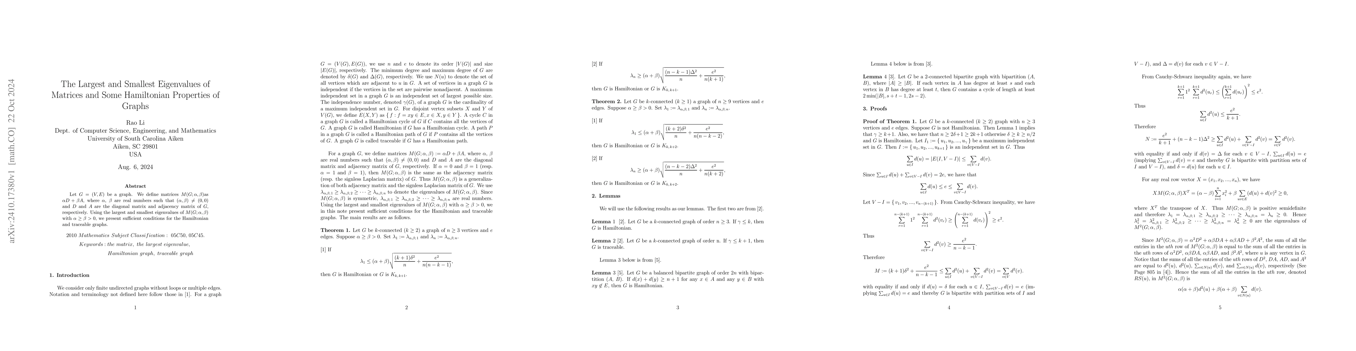 Thumbnail for The Largest and Smallest Eigenvalues of Matrices and Some Hamiltonian
  Properties of Graphs