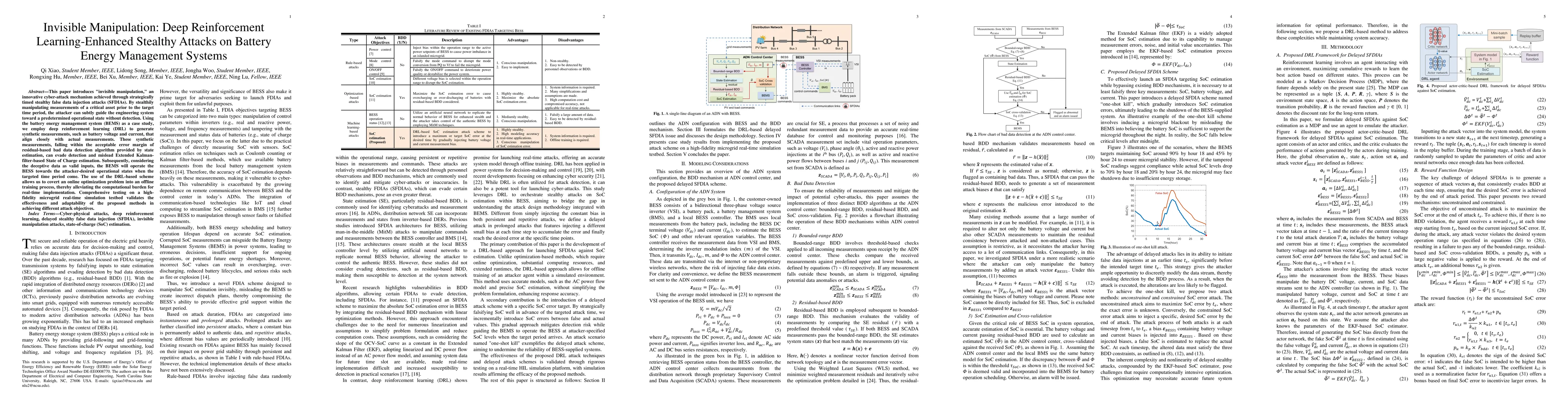 Thumbnail for Invisible Manipulation Deep Reinforcement Learning Enhanced Stealthy
  Attacks on Battery Energy Management Systems