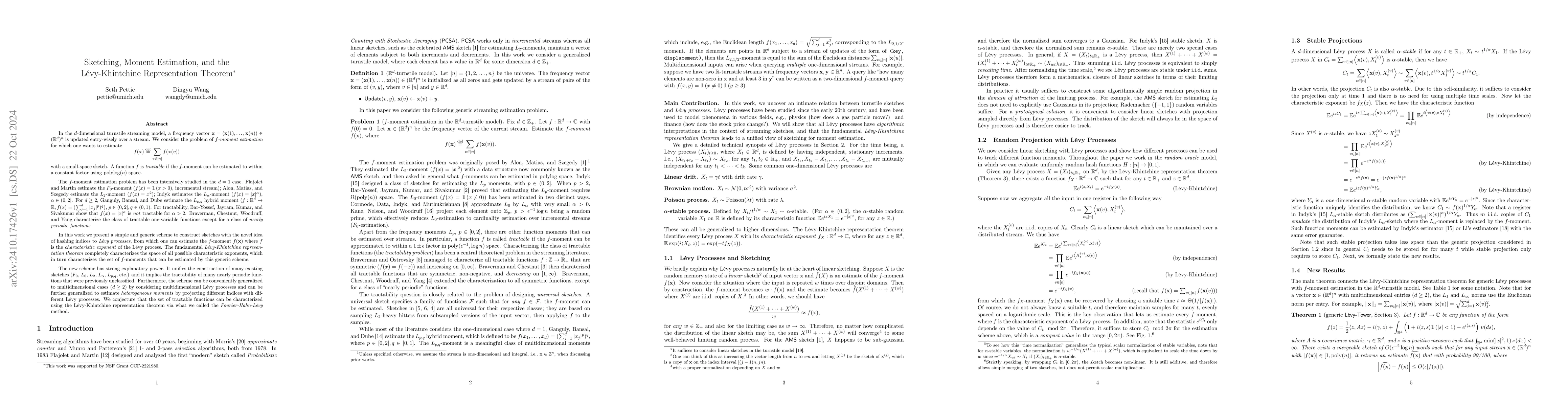 Thumbnail for Sketching, Moment Estimation, and the Lévy-Khintchine Representation
  Theorem