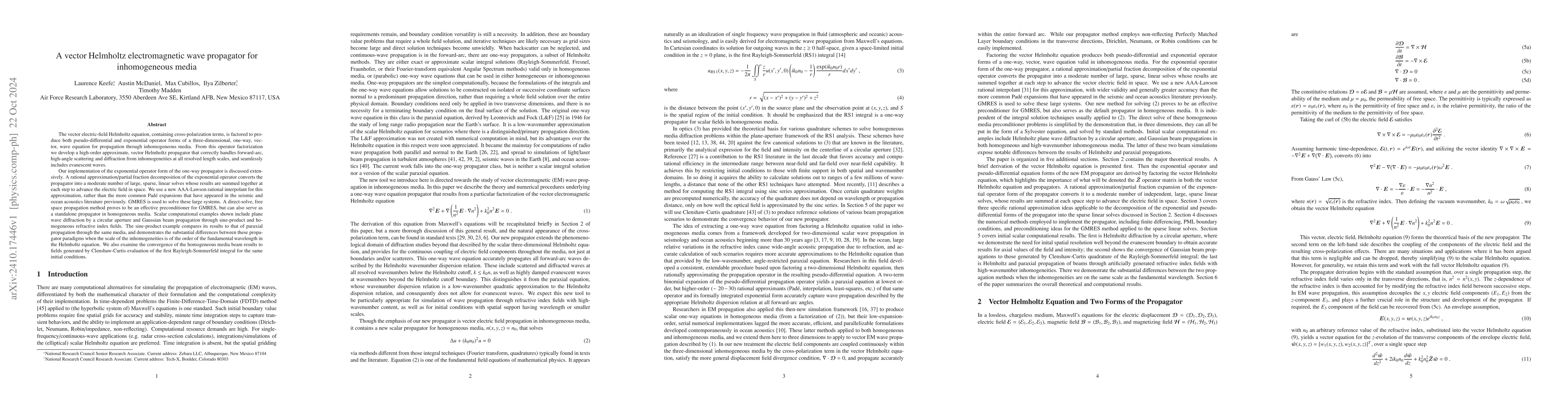 Thumbnail for A vector Helmholtz electromagnetic wave propagator for inhomogeneous
  media