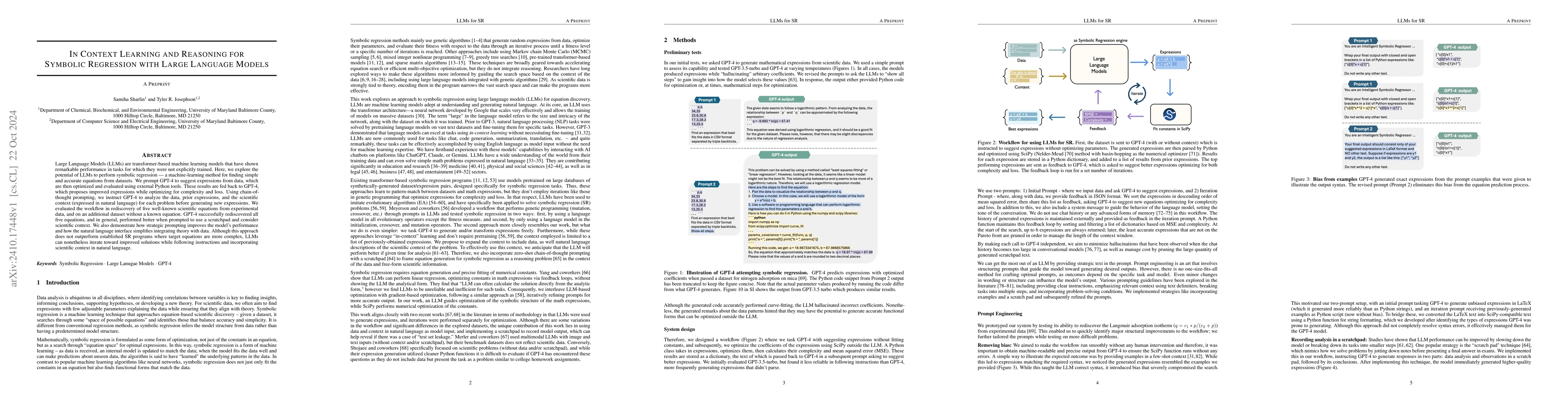 Thumbnail for In Context Learning and Reasoning for Symbolic Regression with Large
  Language Models
