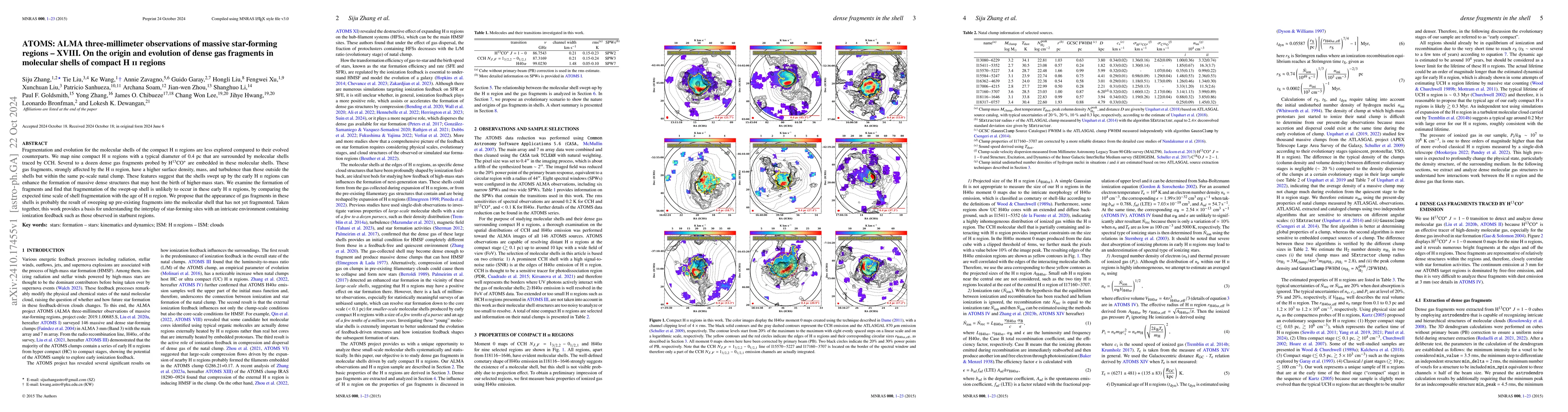Thumbnail for ATOMS: ALMA three-millimeter observations of massive star-forming
  regions -- XVIII. On the origin and evolution of dense gas fragments in
  molecular shells of compact HII regions