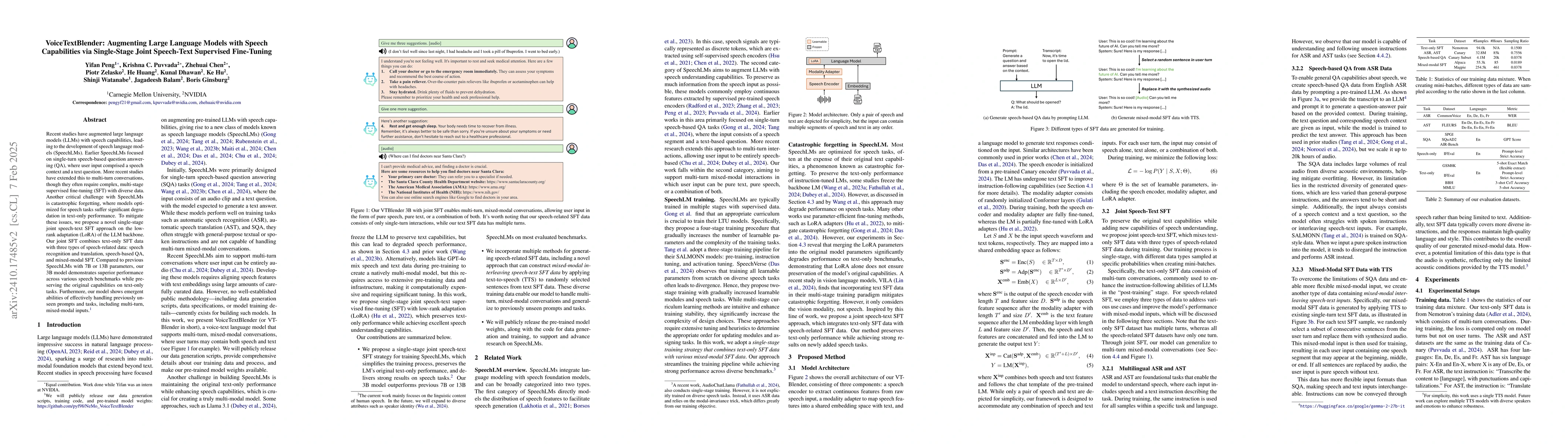 Thumbnail for VoiceTextBlender: Augmenting Large Language Models with Speech
  Capabilities via Single-Stage Joint Speech-Text Supervised Fine-Tuning