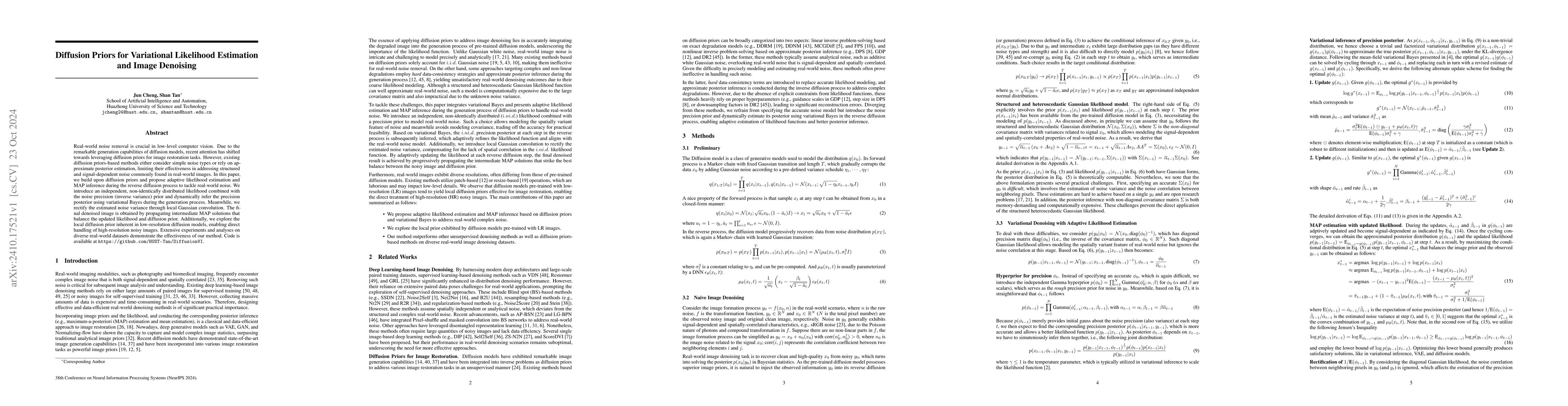 Thumbnail for Diffusion Priors for Variational Likelihood Estimation and Image
  Denoising
