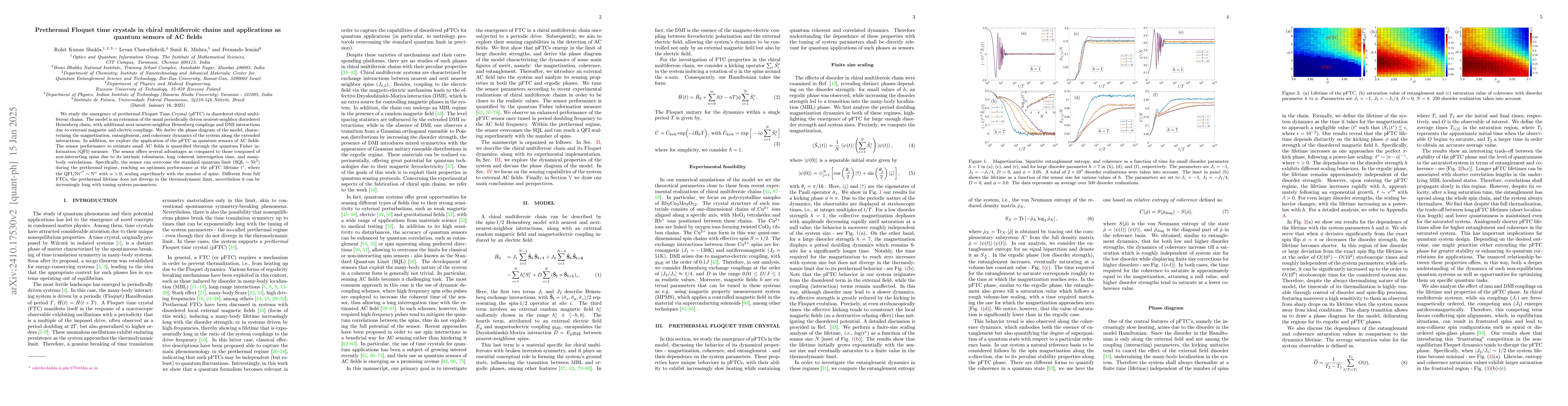 Thumbnail for Prethermal Floquet time crystals in chiral multiferroic chains and
  applications as quantum sensors of AC fields