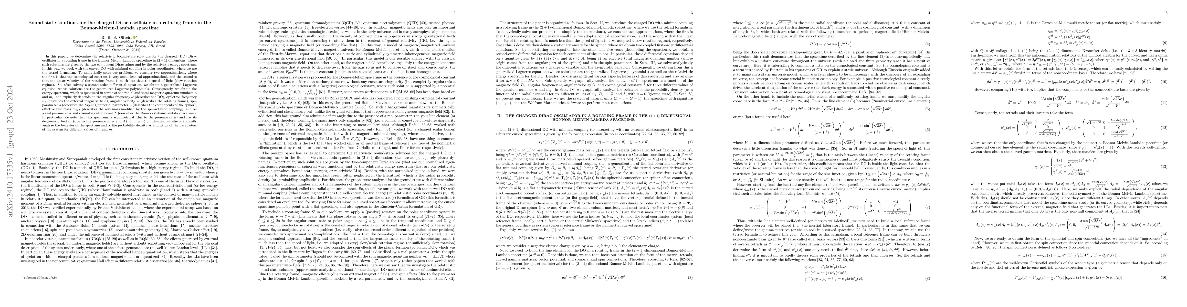 Thumbnail for Bound-state solutions for the charged Dirac oscillator in a rotating
  frame in the Bonnor-Melvin-Lambda spacetime