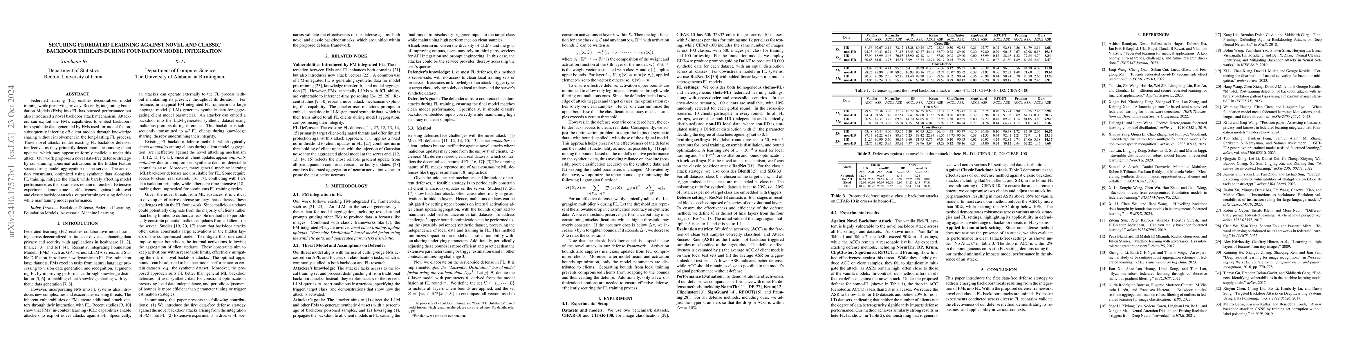 Thumbnail for Securing Federated Learning Against Novel and Classic Backdoor Threats
  During Foundation Model Integration