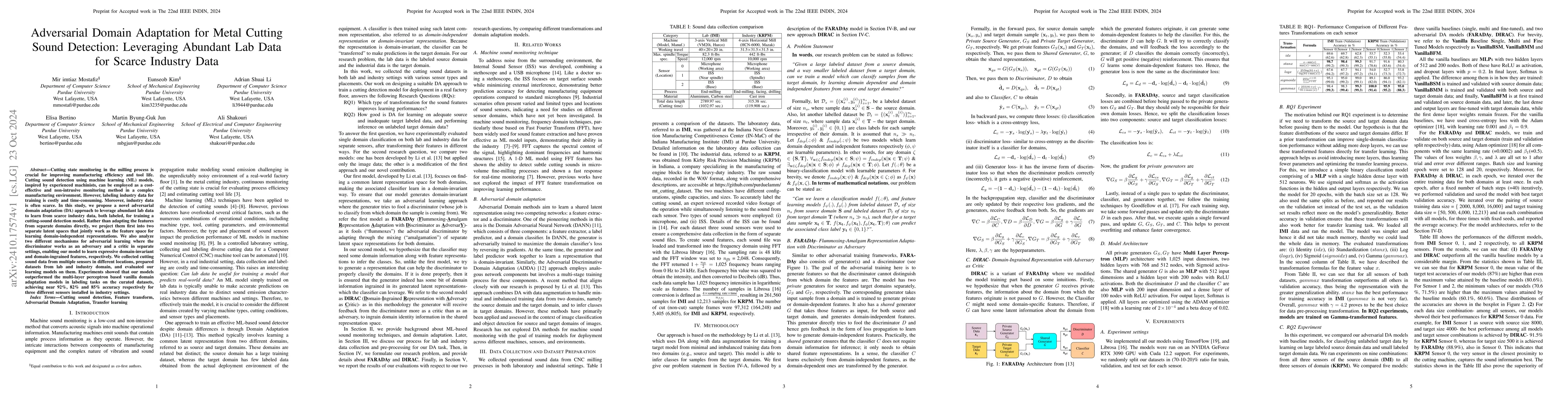 Thumbnail for Adversarial Domain Adaptation for Metal Cutting Sound Detection:
  Leveraging Abundant Lab Data for Scarce Industry Data