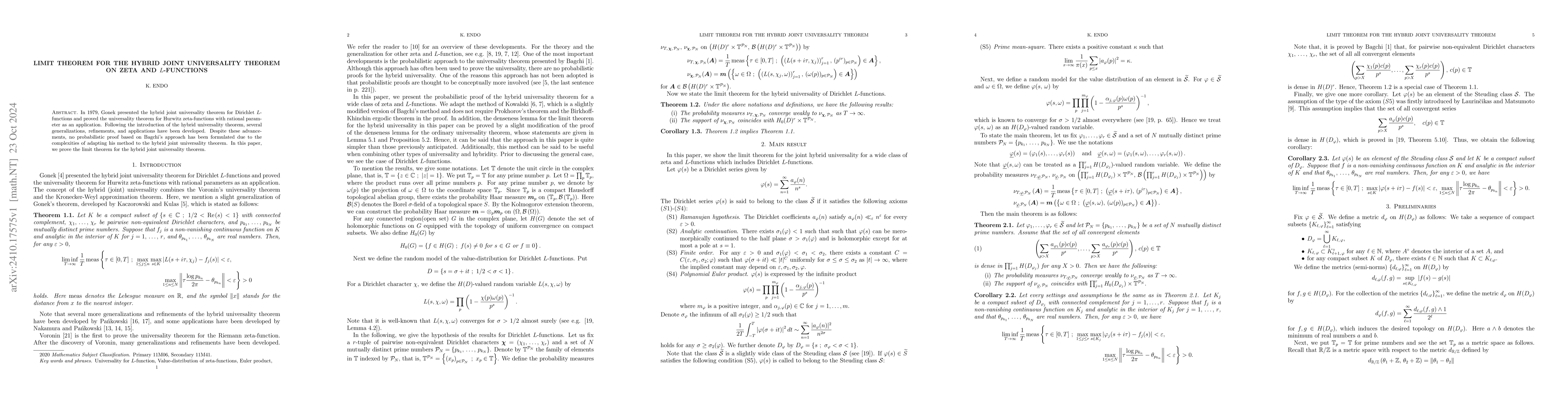 Thumbnail for Limit theorem for the hybrid joint universality theorem on zeta and
  $L$-functions
