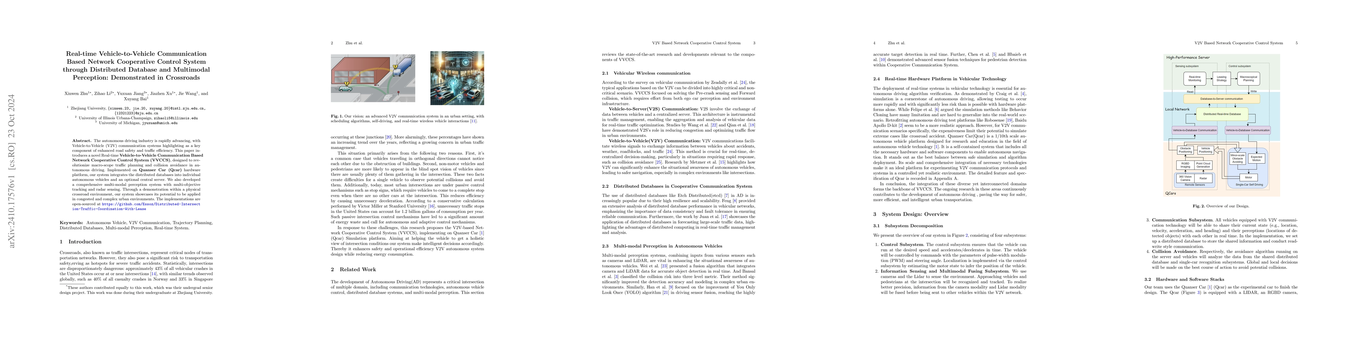Thumbnail for Real-time Vehicle-to-Vehicle Communication Based Network Cooperative
  Control System through Distributed Database and Multimodal Perception:
  Demonstrated in Crossroads