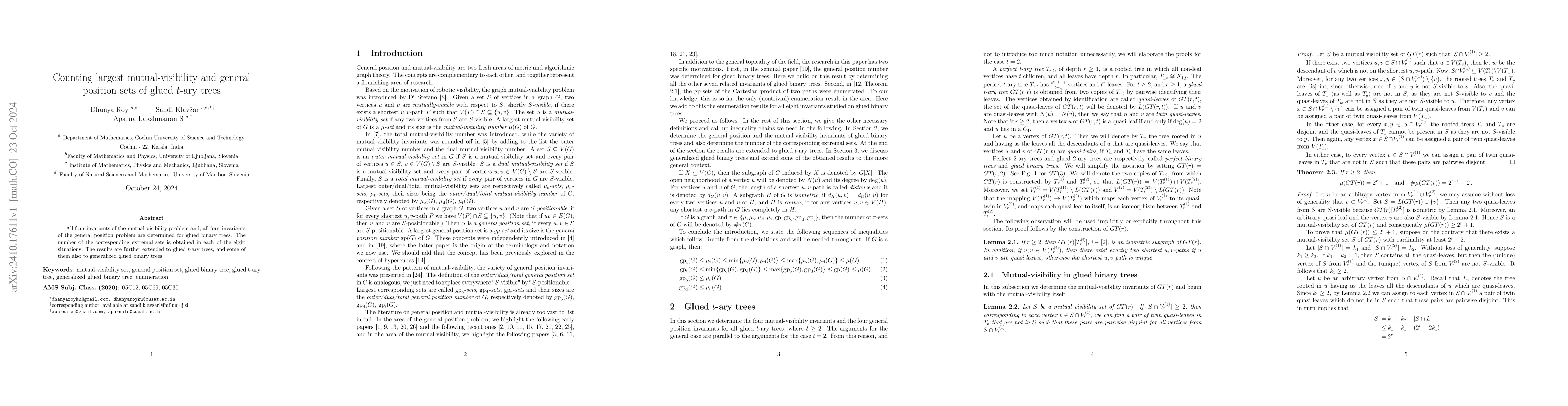 Thumbnail for Counting largest mutual-visibility and general position sets of glued
  $t$-ary trees