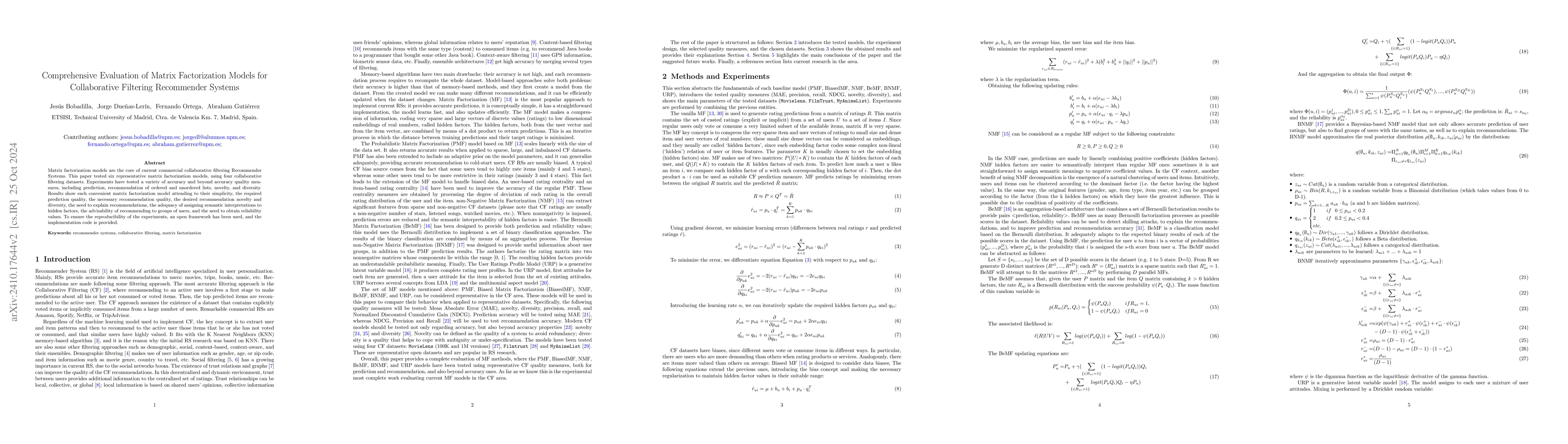 Thumbnail for Comprehensive Evaluation of Matrix Factorization Models for
  Collaborative Filtering Recommender Systems