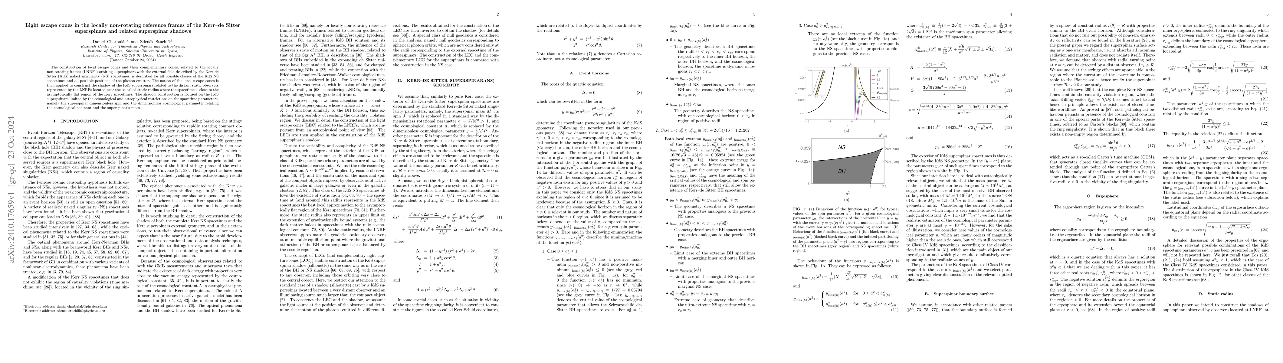 Thumbnail for Light escape cones in the locally non-rotating reference frames of the
  Kerr-de Sitter superspinars and related superspinar shadows