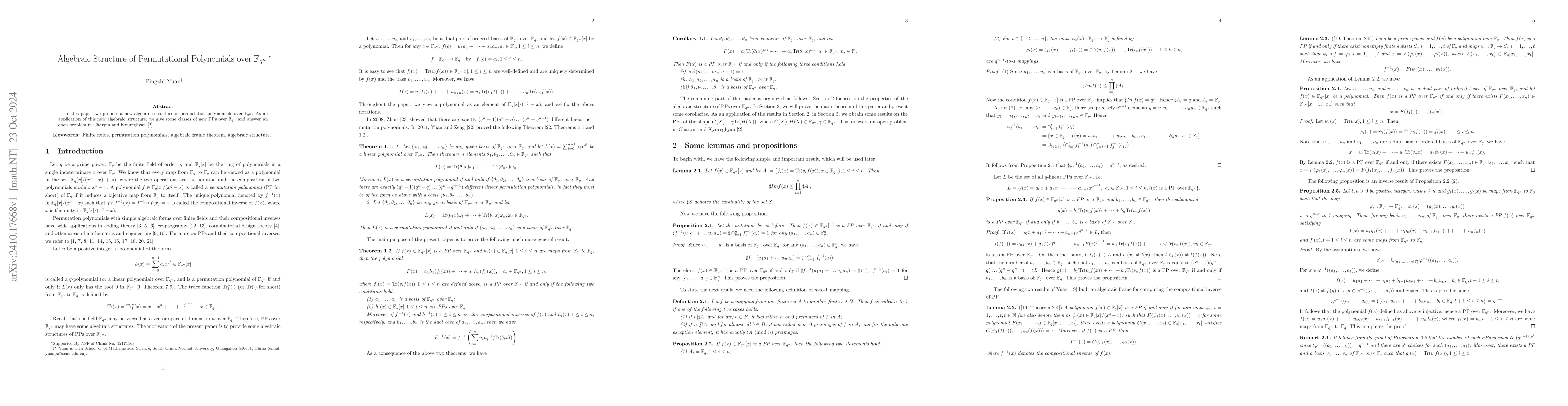 Thumbnail for Algebraic Structure of Permutational Polynomials over $\mathbb{F}_{q^n}$