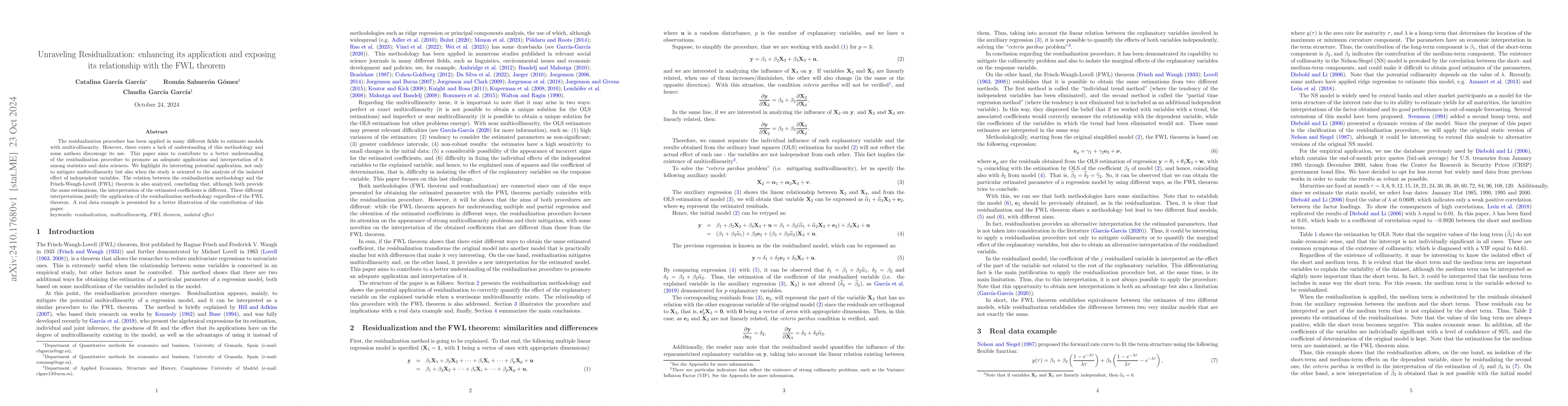 Thumbnail for Unraveling Residualization: enhancing its application and exposing its
  relationship with the FWL theorem