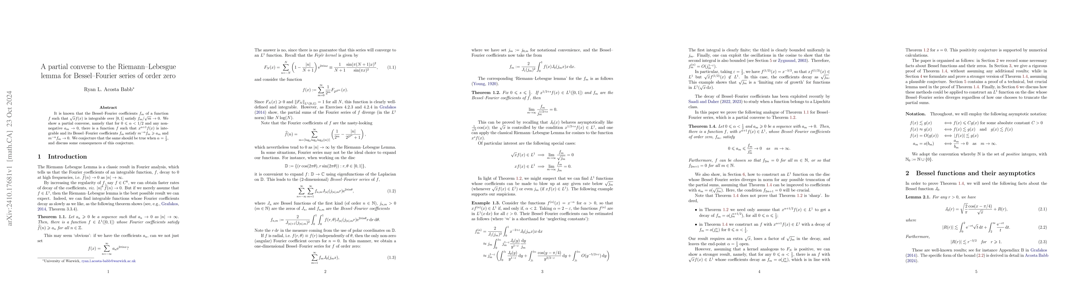 Thumbnail for A partial converse to the Riemann--Lebesgue lemma for Bessel--Fourier
  series of order zero