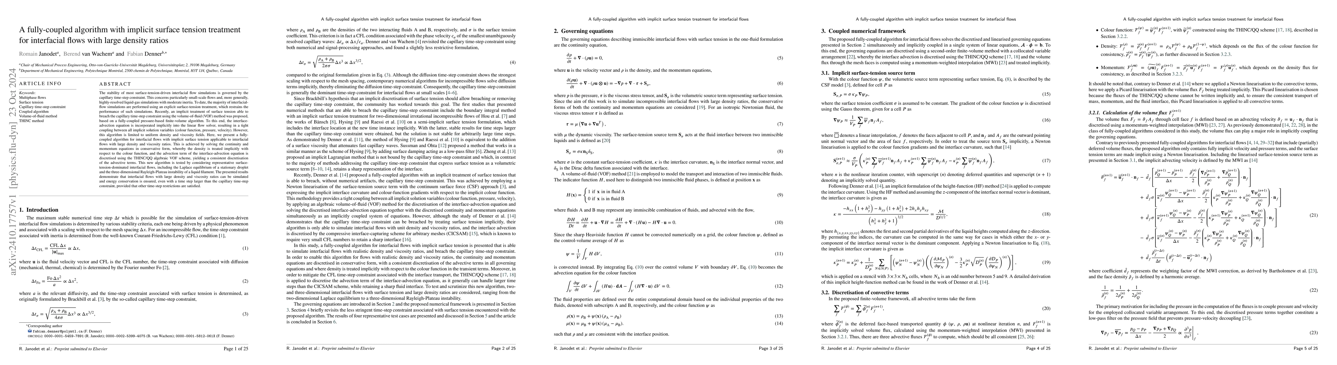 Thumbnail for A fully-coupled algorithm with implicit surface tension treatment for
  interfacial flows with large density ratios