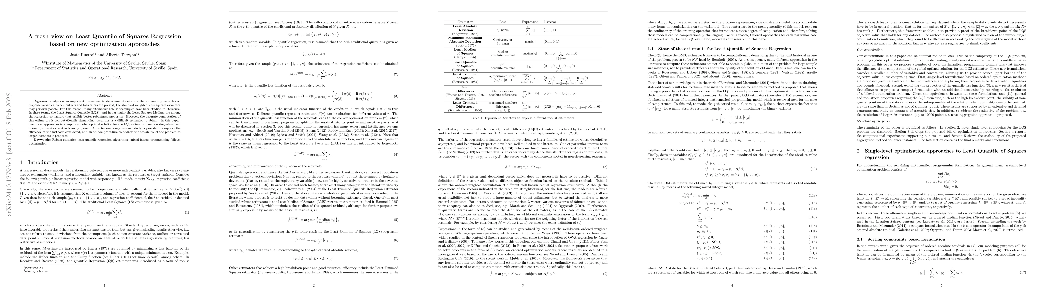 Thumbnail for A fresh view on Least Quantile of Squares Regression based on new
  optimization approaches