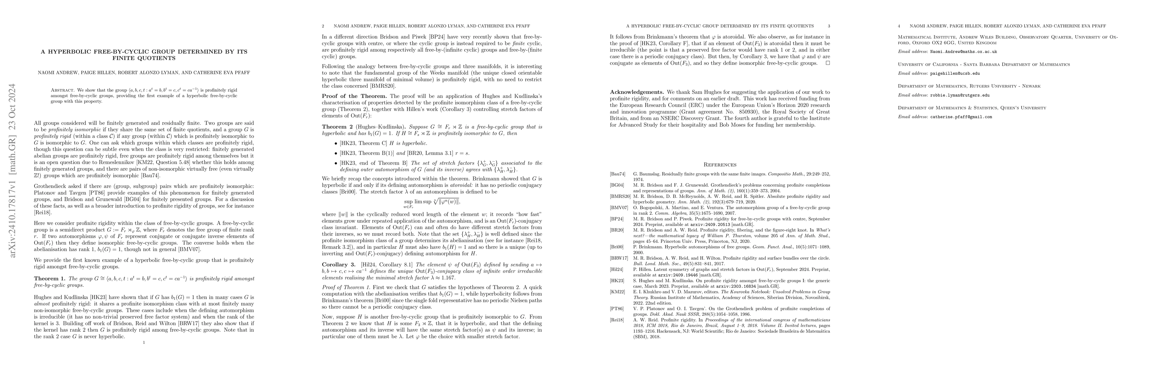 Thumbnail for A hyperbolic free-by-cyclic group determined by its finite quotients