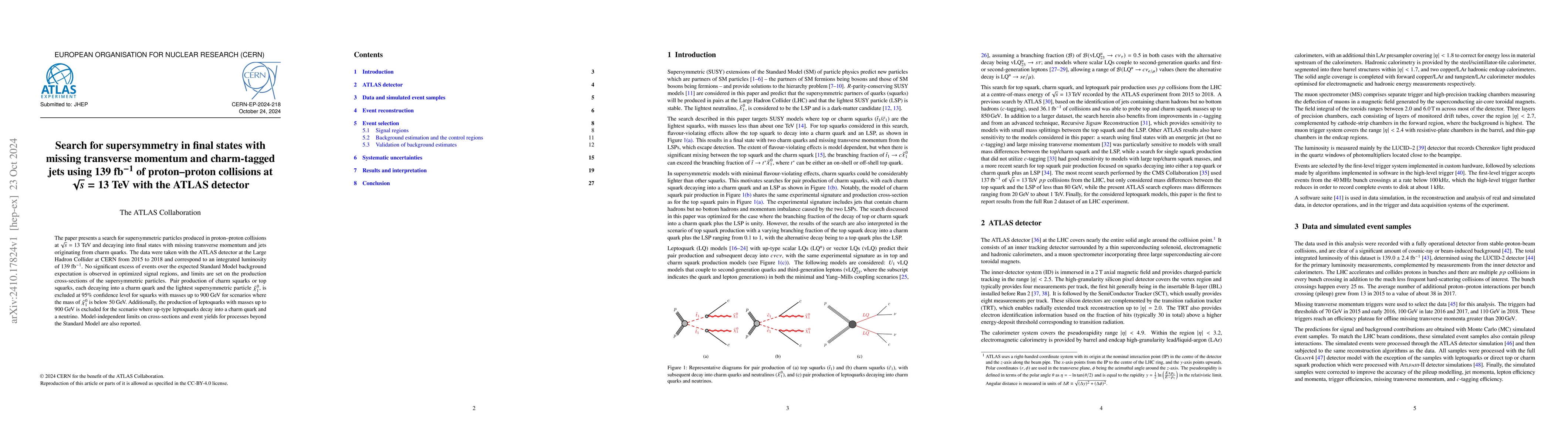 Thumbnail for Search for supersymmetry in final states with missing transverse
  momentum and charm-tagged jets using 139 fb$^{-1}$ of proton-proton
  collisions at $\sqrt{s}=$ 13 TeV with the ATLAS detector