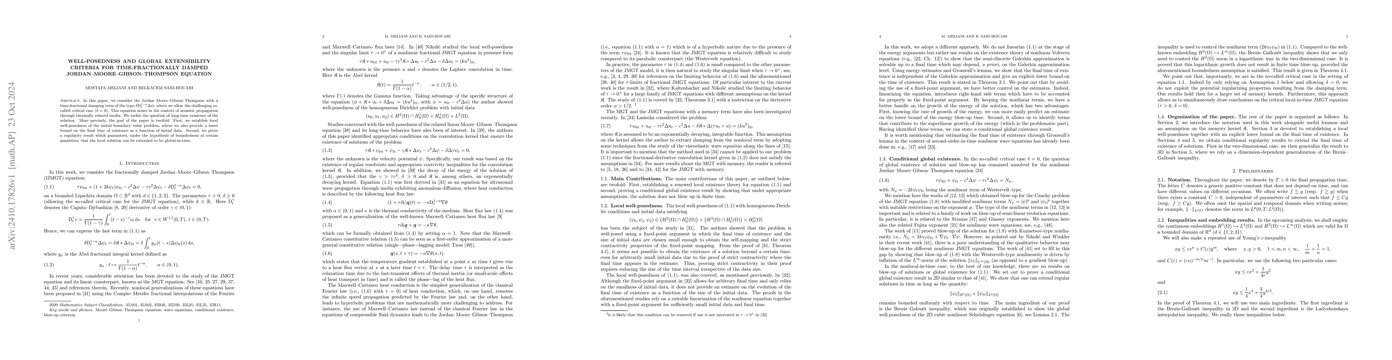 Thumbnail for Well-posedness and global extensibility criteria for time-fractionally
  damped Jordan--Moore--Gibson--Thompson equation