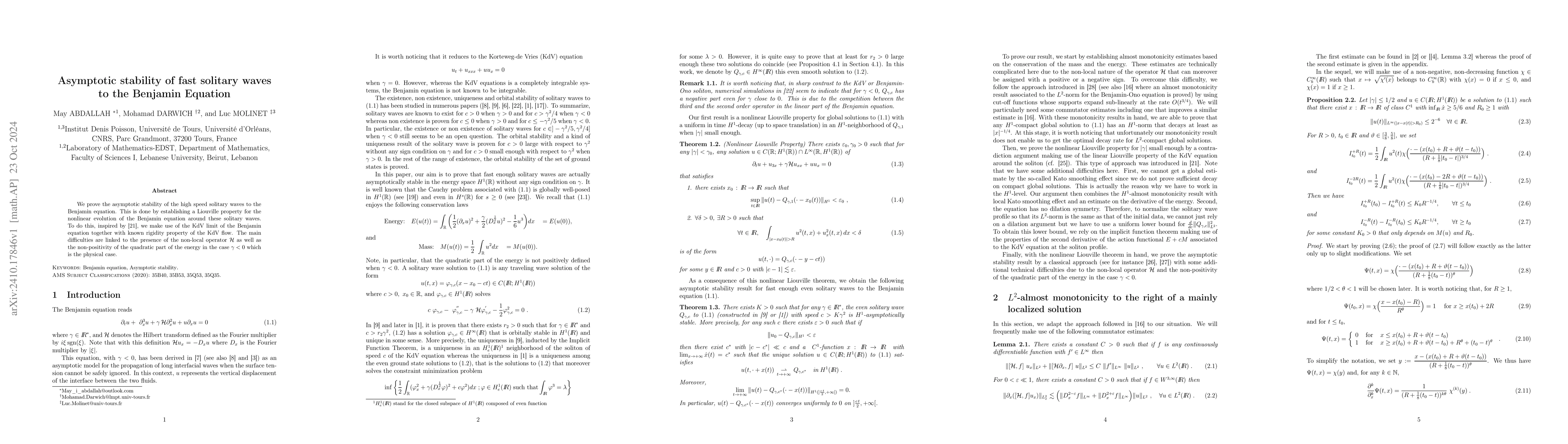 Thumbnail for Asymptotic stability of fast solitary waves to the Benjamin Equation
