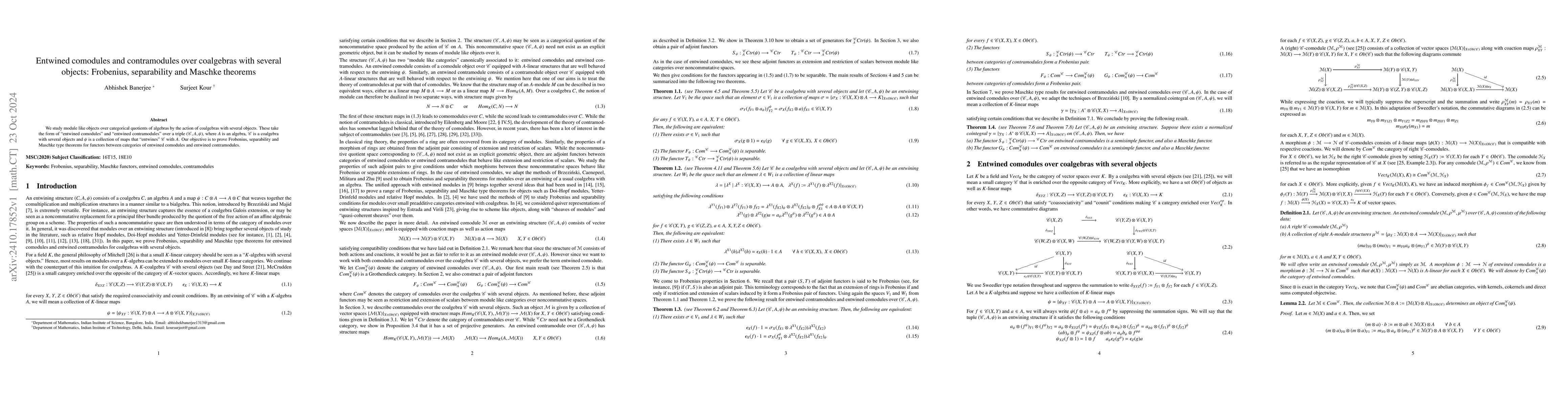 Thumbnail for Entwined comodules and contramodules over coalgebras with several
  objects: Frobenius, separability and Maschke theorems