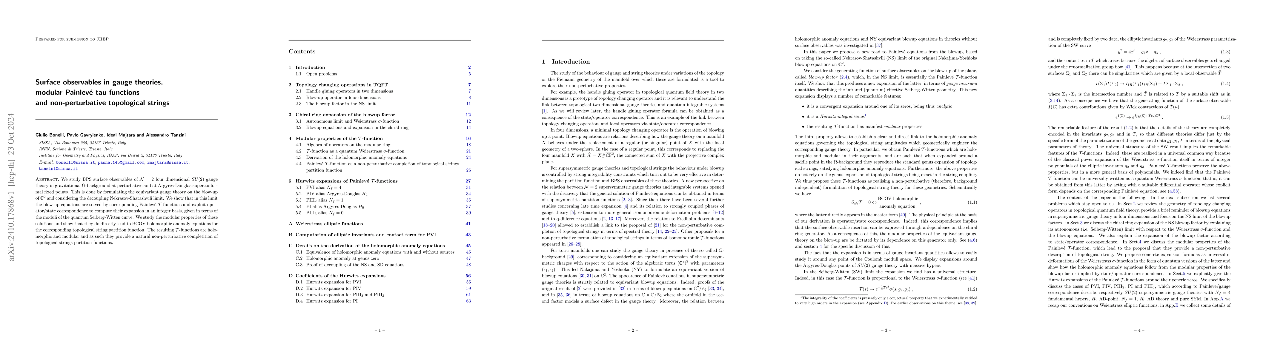 Thumbnail for Surface observables in gauge theories, modular Painlevé tau functions
  and non-perturbative topological strings