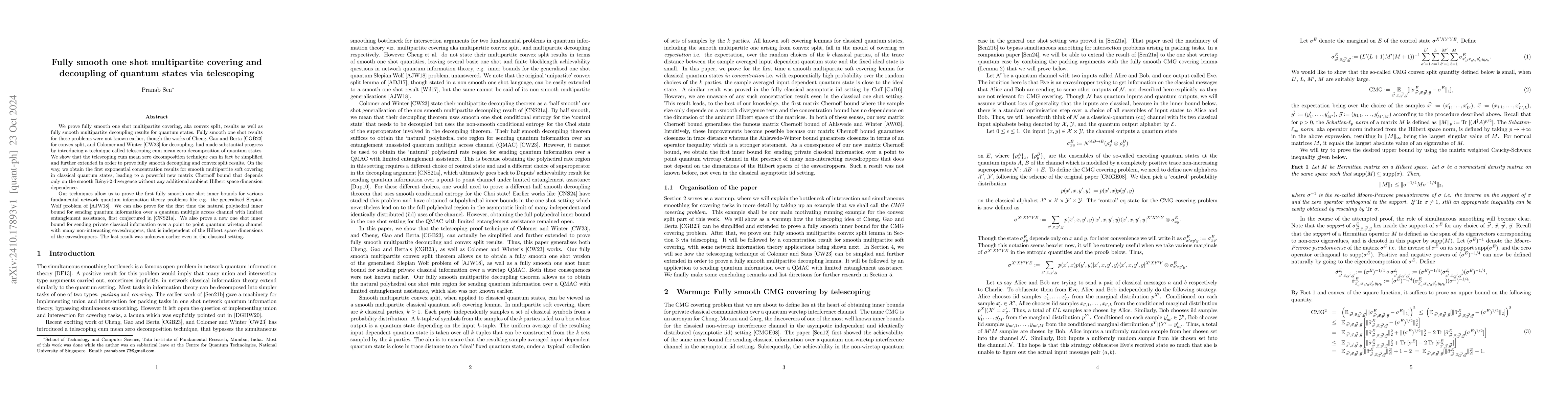 Thumbnail for Fully smooth one shot multipartite covering and decoupling of quantum
  states via telescoping