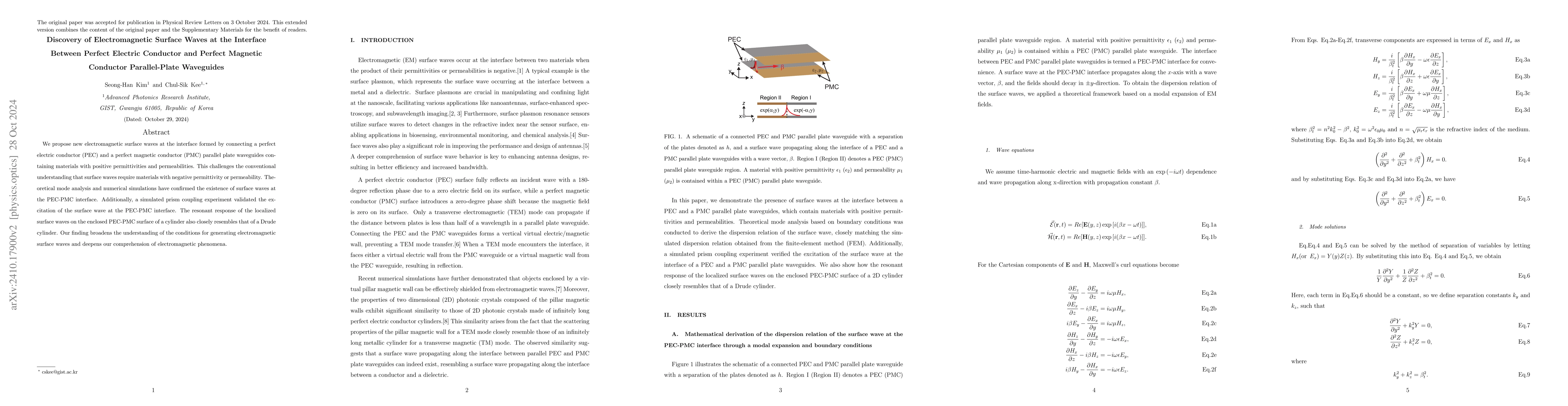 Thumbnail for Discovery of Electromagnetic Surface Waves at the Interface Between
  Perfect Electric Conductor and Perfect Magnetic Conductor Parallel-Plate
  Waveguides